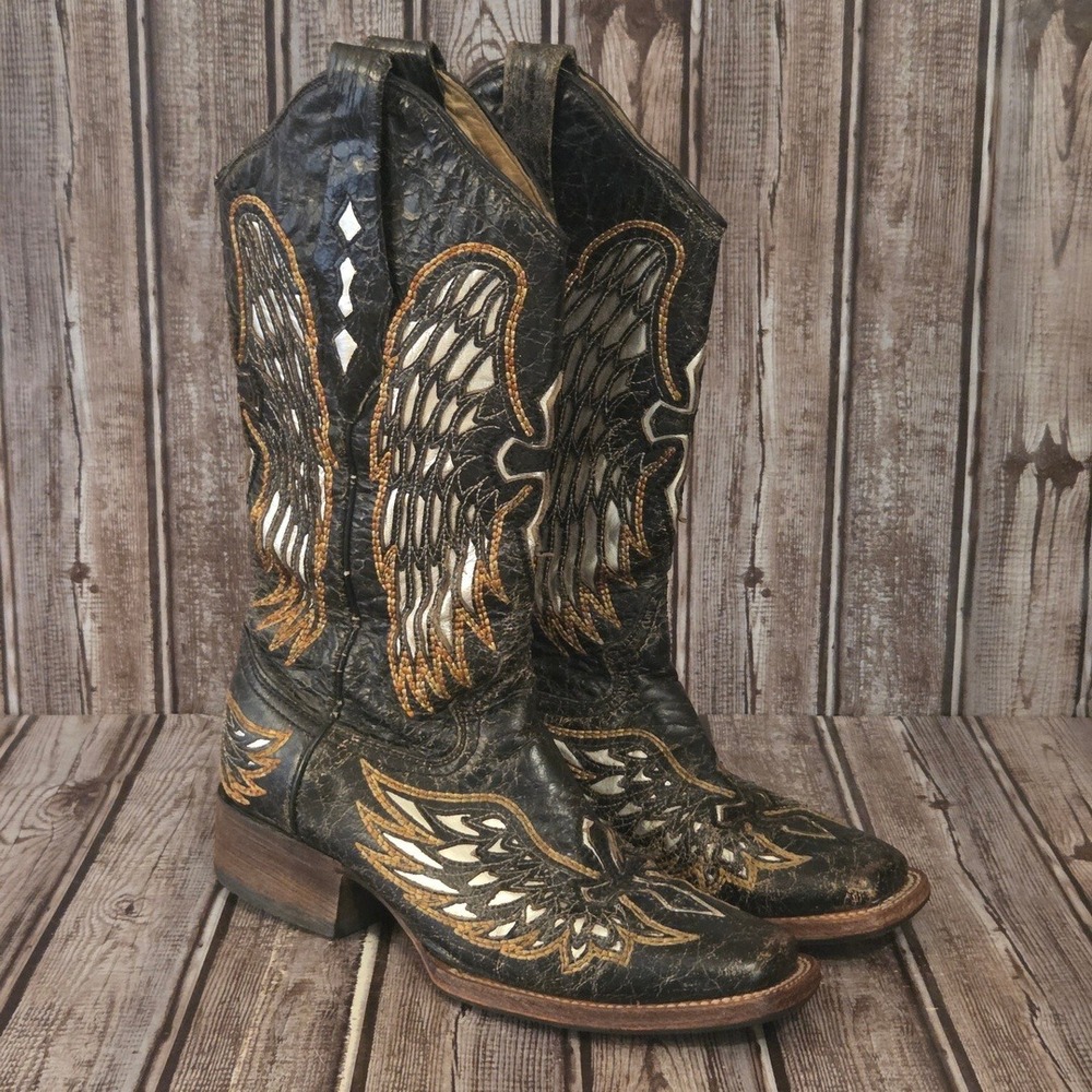 Sz 6.5 M Womens Corral Vintage Black/ Silver Inlay Leather Wing Cross Boots